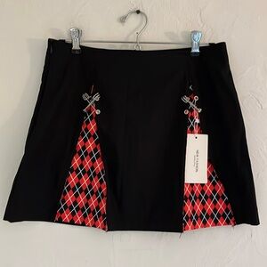 New Fashion Gothic Argyle Safety Pin Mini Skirt, Size L, Black/Red/White, NWT
